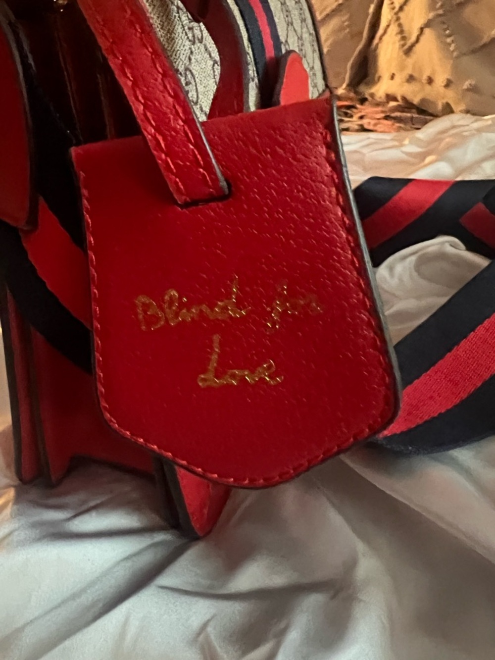 Gucci Red and Navy Bee-Embellished GG Satchel - Picture 4 of 6